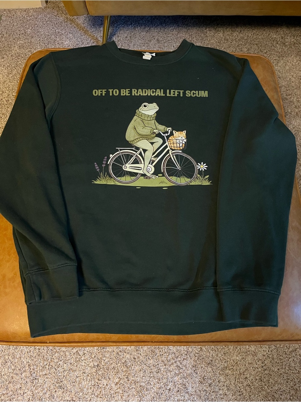 Dark Green Graphic Crewneck Sweatshirt with Frog Bike Design